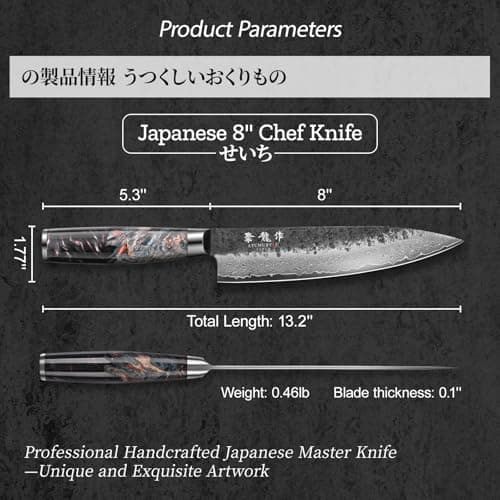 Japanese Chef Knife, 8 Inch Damascus Kitchen Knife with VG10 Steel Core, Professional Black Forged Kitchen Knives with Ergonomic Handle, Leather Sheath & Luxury Gift Box, Birthday Gifts for Men Women