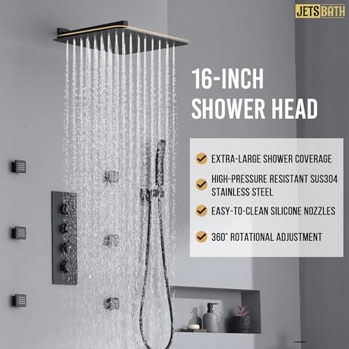 16” Thermostatic Rain Shower System with 6 Body Jets & 16-Inch Rainfall Shower Head, JetsBath Full Body Shower Faucet Sets with Valve & Handheld, Matte Black Luxury Wall Mount Shower Faucet Set