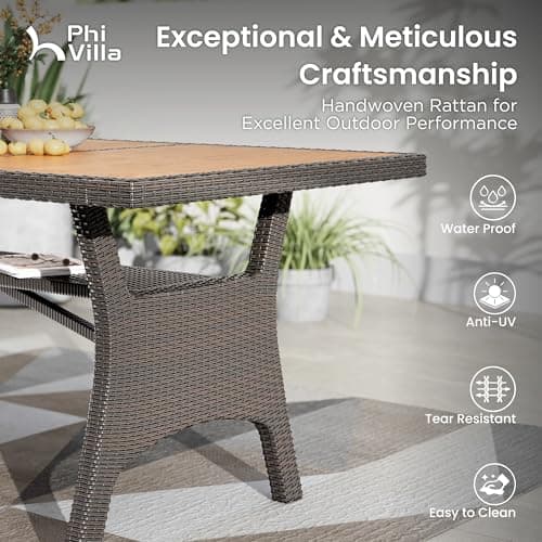 PHI VILLA Outdoor Dining Table for 6/8, 74" Rectangle Wicker Table with Acacia Wood Top & Storage Panel, Large Farmhouse Modern Furniture for Patio, Deck, Backyard, Porch