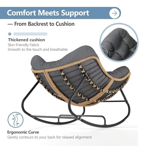 SWITTE Outdoor Rocking Chair, Oversized Patio Papasan Rocker, Comfy Wicker Reading Lounge, Indoor Egg Chair for Bedroom, Living Room, Porch, Garden, Lawn-Dark Grey