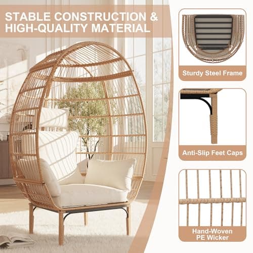 Paito Egg Chair Oversized Lounger, Wicker Egg Rattan Chair Outdoor Indoor, 500 Lbs Egg Shape Balcony Chair for Living Room, Balcony, Backyard