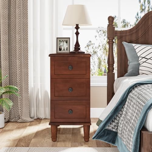 Tribesigns Solid Wood End Table, Fully Assembled Narrow Side Table with Drawers, Pre-Assembled Nightstand Slim Bedside Table for Small Spaces, Living Room, Bedroom, Brown
