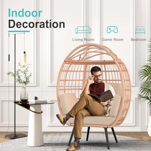 ZENPETIO Oversized Egg Chair, Indoor Outdoor Lounger with 4 UV Resistant Cushions, Storage Bag, All-Weather Wicker Egg Lounger Chair for Patio, Backyard, Living Room, 370lbs Capacity - Brown