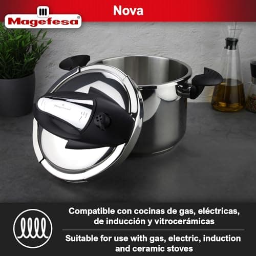 Magefesa Nova 4.2 Qt Stovetop Pressure Cooker – Fast Cooking, Easy Locking, 18/10 Stainless Steel, Induction Compatible, 5 Safety Features, 11.6 PSI
