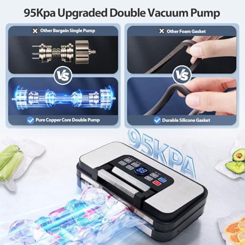 95Kpa Powerful Precision Pro Vacuum Sealer, with 10-in-1 Functions, Easy-Lock Handle, Double Heat Seal & Double Pump, Vacuum Sealer Machine for Food with Bags Storage, Built-in Cutter, Stainless Steel