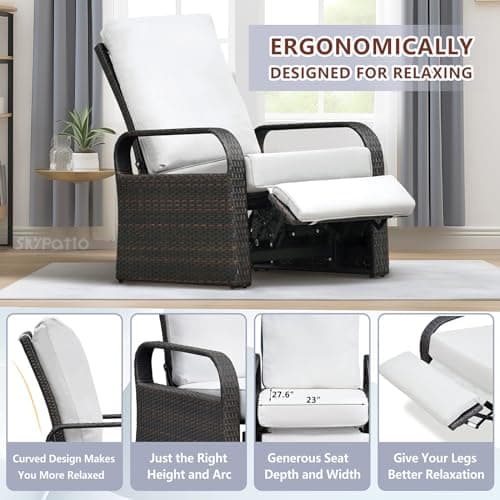 Skypatio Outdoor Recliner Chair, Adjustable All-Weather Wicker Oversized Patio Reclining Chair, Aluminum Patio Rattan Armchair with Thick Cushion for Porch, Balcony, Indoor