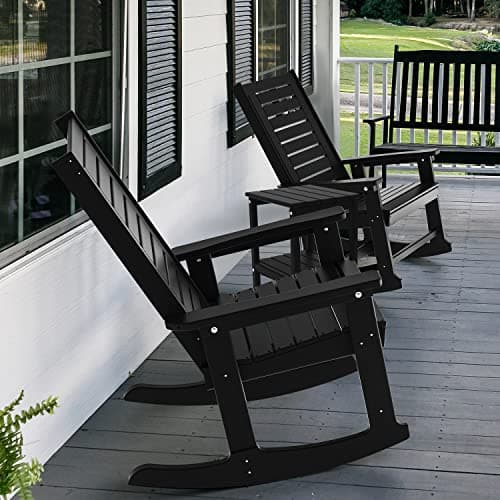 GREENVINES Outdoor Rocking Chairs | Set of 2 | Porch Rocker | HDPE Plastic | Black | Oversized Rockers | High Back | Big & Tall | Ladder Back | for Patio Outside Backyard Balcony