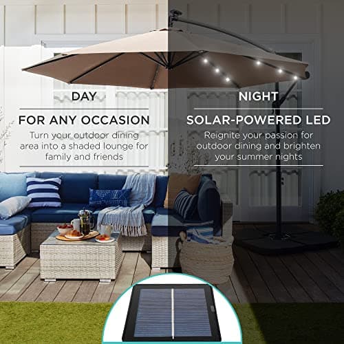 Best Choice Products 10ft Solar LED Offset Hanging Market Patio Umbrella for Backyard, Poolside, Lawn and Garden w/Easy Tilt Adjustment, Polyester Shade, 8 Ribs - Tan