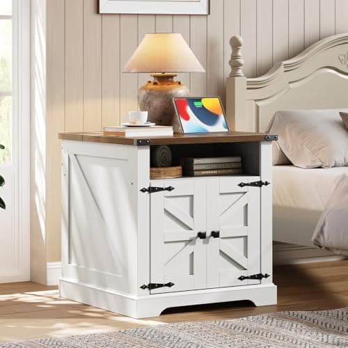 HOOBRO Farmhouse End Table with Charging Station, 23.6" Large End Tables for Living Room, Sofa Side Table with Barn Door, Wooden Square Nightstand Bedside Table, Flip Top, White and Walnut WH601UBZ01