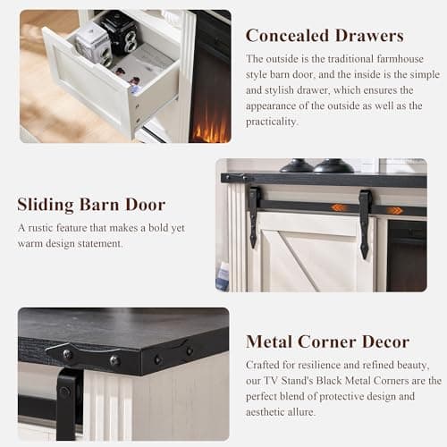 Farmhouse TV Stand for 75+ Inch TV, 32" Tall Entertainment Center w/4 Drawers & Sliding Barn Door, Rustic Media Console w/Storage Shelves, 66" Wood Television Stand for Living Room, Off White