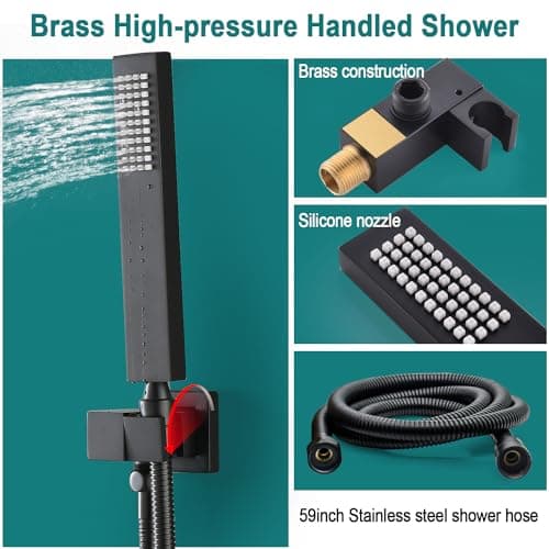 HOMEDEC Black Full Shower Jets System, Ceiling Rain 16" LED Shower Faucet Set with 6 Pcs Body Sprays and Brass 3 Ways Thermostatic Valve, Can Use All At Once, 3/4inch Inlet Large Flow