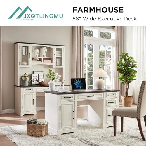 JXQTLINGMU 58" Executive Desk, Farmhouse Computer Desk with Drawers and Cabinet, Embossed Texture Home Office Desk w/Charging Station, Workspace for Work Study Writing, Off White