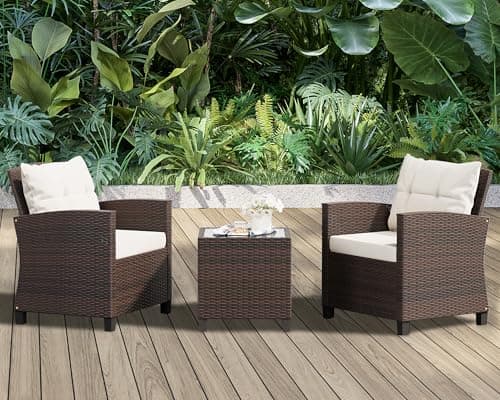 Shintenchi 3 Pieces Patio Furniture Set 3 Pieces PE Rattan Wicker Chairs with Table Outdoor Furniture for Backyard/Garden/Poolside/Outdoor Restaurant Brown Rattan with White Cushion