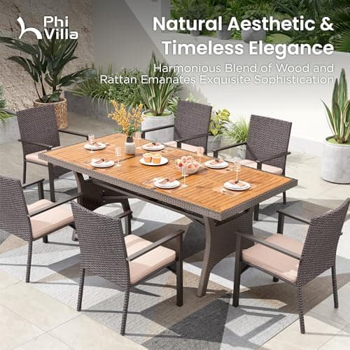 PHI VILLA Outdoor Dining Table for 6/8, 74" Rectangle Wicker Table with Acacia Wood Top & Storage Panel, Large Farmhouse Modern Furniture for Patio, Deck, Backyard, Porch
