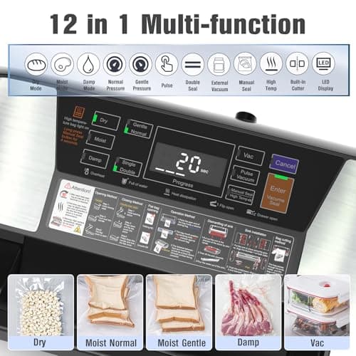 230 Watts Vacuum Sealer for Food, Commercial Vacuum Sealer Machine with Double Heat Seal, Easy Lock Handle, 12 Functions, Bags Storage,Build-in Cutter, 1 Roll and 10 Pre-cut Bags, Progress Display