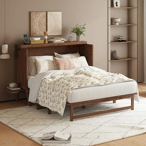 KEIKI Queen Size Cabinet Murphy Bed with Charging Station, Drawer, Removable Shelves, Multiple Storage Foldable Hideaway Wall Murphy Bed Frame, No Box Spring Needed, Easy Assembly, for Bedroom, Walnut