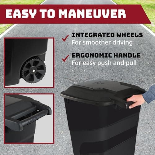 Trash Can With Lid - Ultimate Strength 32 Gallon Wheeled Garbage Can Trash Container - Professional Grade Outdoor Waste Bin with Secure Snap Lid and Ergonomic Handles, Outdoor Recycling Bins, 2 Pack