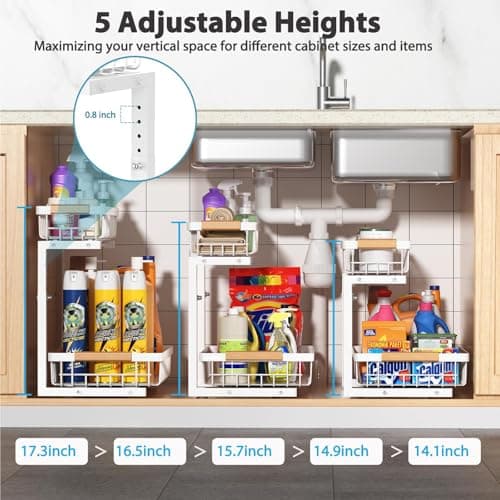 Under Sink Organizer 2 pack, 2 Tier Slide Out Under Sink Organizers And Storage, Height Adjustable Pull Out Cabinet Drawers, Kithcen Bathroom Metal Storage Caddy Shelf, White