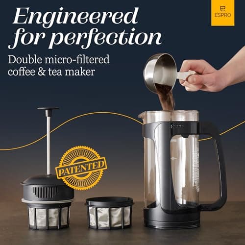 ESPRO - P3 French Press Coffee Maker – Patented Double Microfilter for Sludge and Grit Free Coffee, Black, 32 oz