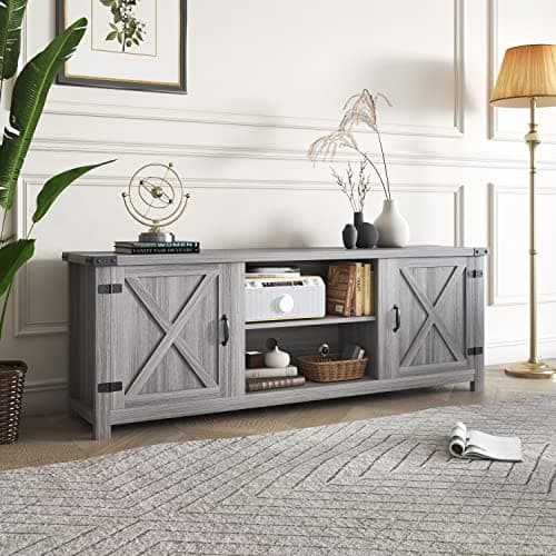 YESHOMY Modern Farmhouse TV Stand with Two Barn Doors and Storage Cabinets for Televisions up to 65+ Inch, Entertainment Center Console Table, Media Furniture for Living Room, 58 Inch, Gray Wash