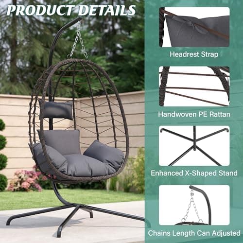 Egg Chair with Stand, Patio Wicker Hanging Chair, Hammock Swing Chair, 350LBS Capacity for Bedroom, Balcony(BR-GR)