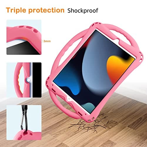 TopEsct Kids Case for iPad 10.2 inch - Shockproof Silicone Cover with Tempered Glass Screen Protector and Strap - Compatible with iPad 9th/8th/7th Gen (2021)" (Pink)