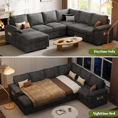 108 Inch Sectional Sleeper Sofa with Pull Out Bed,U Shaped 7 Seat Modular Sectional Sofa with Storage,Sectional Couches for Living Room,Cloud Modular Couch,Removable Sofa Cover,Dark Grey