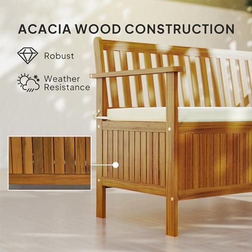 Outsunny Outdoor Bench with Storage Box, 28 Gallon Outdoor Storage Bench, Acacia Wood Garden Seat with Cushion, 2 Seater Patio Furniture for Park, Balcony, Teak