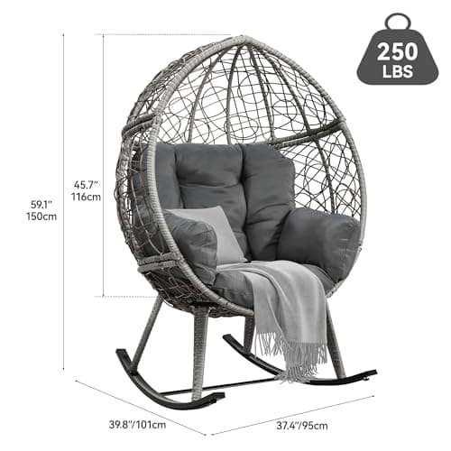 YITAHOME Wicker Rocking Egg Chair, Outdoor Patio Rocking Chair with 5.9in Thick Cushion, 250lb Capacity, Anti-Slip, All-Weather Resilient Egg Lounger Chair for Indoor & Outdoor, Grey(1 Pack only)