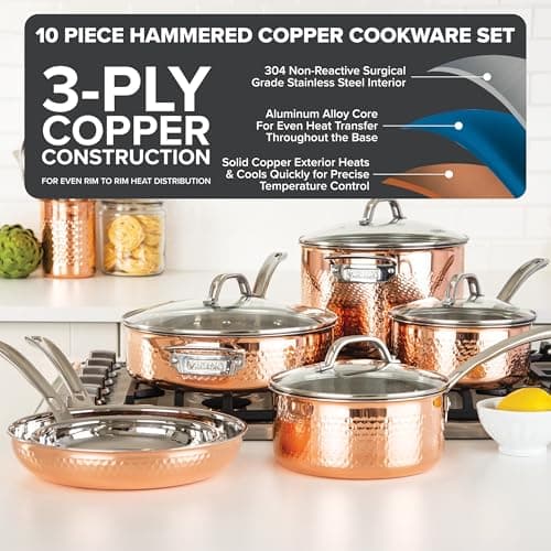 Viking 3-Ply Pots and Pans Set, 10 Piece Copper Kitchen Cookware with Glass Lids, Hammered Copper