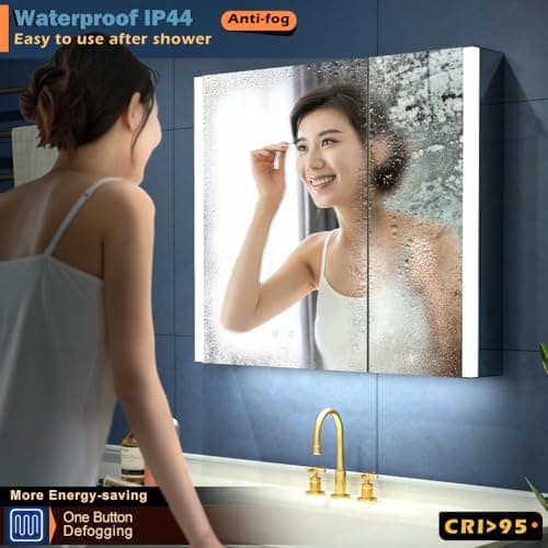 KWW Inch LED Lighted Bathroom Medicine Cabinet with Mirror (31 * 28), Sliver, KWWMC80