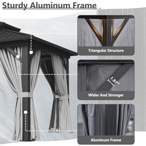 Aoxun 10' X 14' Hardtop Gazebo, Aluminum Metal Outdoor Gazebo with Galvanized Steel Double Roof, Permanent Patio Pavilion with Breathable Netting and Curtains for Dining, Wedding, Party