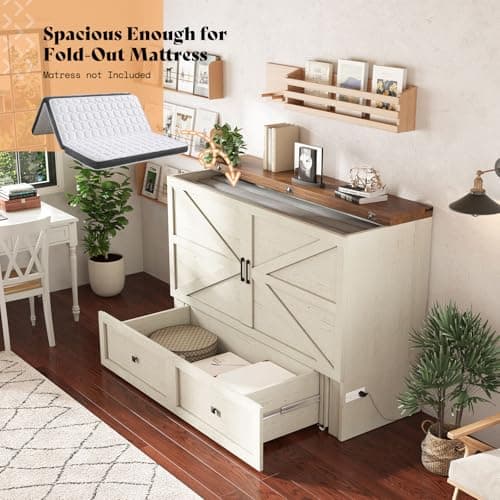 AMERLIFE Queen Murphy Bed with Storage & Charging Station, Farmhouse Murphy Cabinet with Foldable Panel, Noisy Free, for Guest Bedroom, Living Room, Office, Distressed White & Barnwood