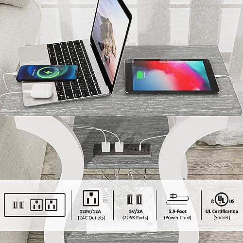 End Tables Living Room Set of 2,Grey End Table with Charging Station,Grey Side Table, Nightstand for Bedroom, 3 Tier End Table with Storage Shelf for Living Room