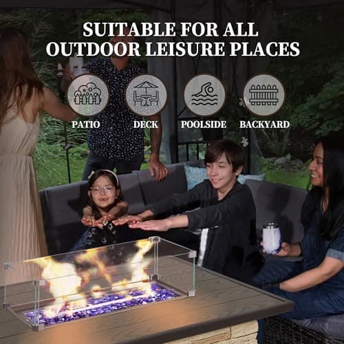 43" Propane Fire Pit Table Outdoor Stone Firepit Table Rectangular 50000 BTU Propane Fire Tables for Outside Patio with Wind Guard, Table Lid, Fire Beads, Cover,Pizzello Caldo (Buff)