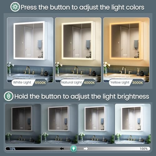 30x32 Inch Lighted Medicine Cabinet, AL Alloy Frame, Plug-in or Hardwired, Recessed or Wall Mount, Mirror Doors/3 Colors/Dimmable/Interior Sensor Light/Anti-Fog, 2 Outlets &USBs, 3 Shelves