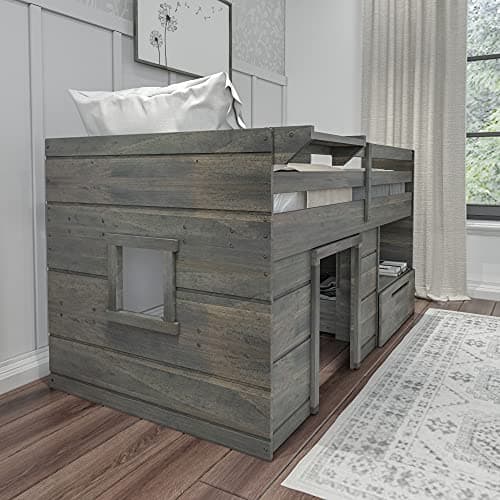 Max & Lily Loft Bed Twin Size, Solid Wood Low Loft Bed with Storage Drawer and Ladder, Modern Farmhouse Loft Bed for Kids, Driftwood
