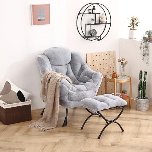 Welnow Lazy Chair with Ottoman, Modern Lounge Accent Chair with Armrests and a Side Pocket, Leisure Sofa Armchair, Reading Armchair with Footrest for Small Space, Plush Grey