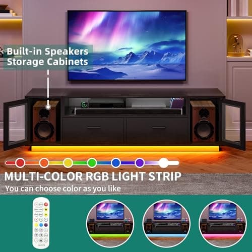 YITAHOME TV Stands for Living Room, Modern TV Stand for 65/70 inch TV, LED TV Entertainment Center with Storage & Power Outlets, TV Console Cabinet, Black