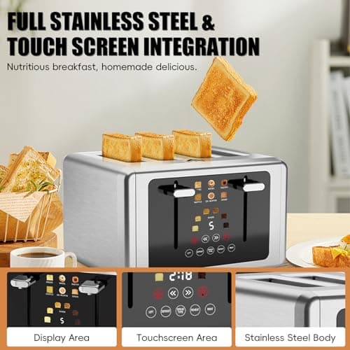 4 Slice Toaster, Touchscreen & Dual Independent Control Panel，5 Basic Functions & Digital Countdown Toasters, 6 Shade Settings＆6 Bread Types, Smart Bread Maker Mute/Screen-Off,Platinum