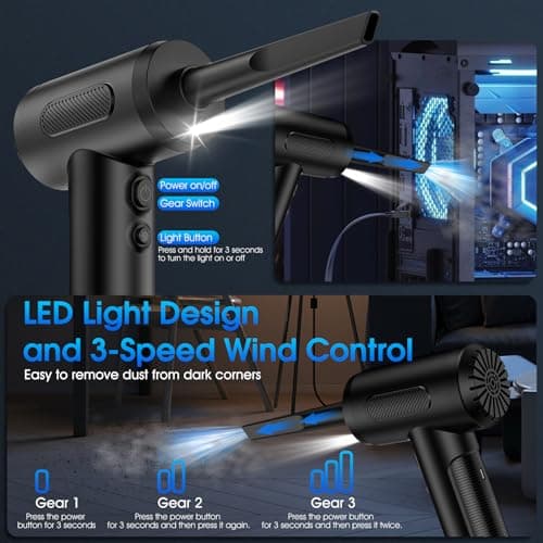 Compressed Air Duster, 100000RPM Handheld Car Vacuum/Air Blower& Pump, 3 Gear Adjustable Electric Air Duster/Car Vacuum Cleaner, Keyboard Duster with LED Light-10 Kits Air Blower for Computer(Black)