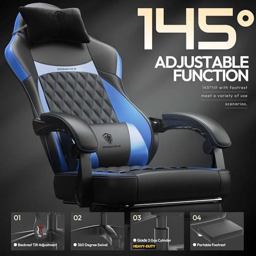Dowinx Gaming Chair with Pocket Spring Cushion, Ergonomic Computer Chair with Massage Lumbar and Footrest for Adults, High Back Game Chair Leather for Office Gaming 300LBS, Blue New