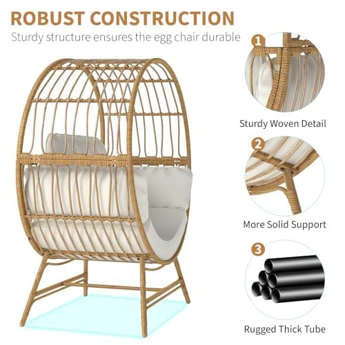Egg Chair Outdoor Indoor, Oversized Rattan Chair with Thicken Cushion, 350LBS Capacity Wicker Patio Lounge Chair, Basket Chair for Living Room Balcony Porch Backyard, Beige