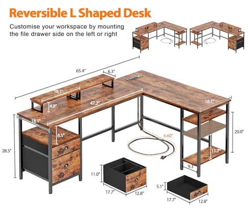 Furologee 66” L Shaped Desk with Power Outlet, Reversible Computer Gaming Desk with File Drawer & 2 Monitor Stands for Home Office with Storage Shelves, Rustic Brown