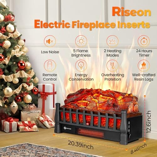 Electric Fireplace Logs Inserts Heater with Infrared Remote, 24 H Timer, 5 Flame Brightness, Thermostat, Overheating Protection for Home & Office