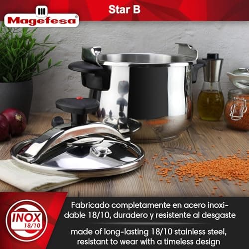 MAGEFESA Star Belly Pressure Cooker 10.6 Qt – 18/10 Stainless Steel, Rounded Bottom, 3 Safety Systems, Works on All Stovetops Including Induction, 8 PSI