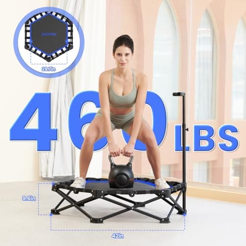 Foldable Mini Trampoline, Rebounder Trampoline with Adjustable Foam Handle, Fitness Trampoline for Indoor, Outdoor, Home Gym, Max Load 460lbs