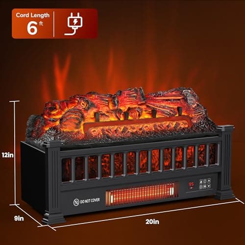 Electric Fireplace Logs 20-Inch, Remote Controller Fireplace Insert Log Heater, Adjustable Flame Colors, Realistic Fake firewood Flame, Overheat Protection, Timer, Thermostat, 1500W Black