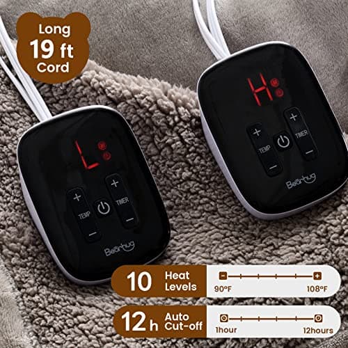 Bearhug Electric Blanket King Size 100" x 90", Dual Controller Heated Blanket, Velvet & Sherpa, 10-Heat Levels & 1-12H Auto Off, Over-Heat Protect, ETL, Machine Washable