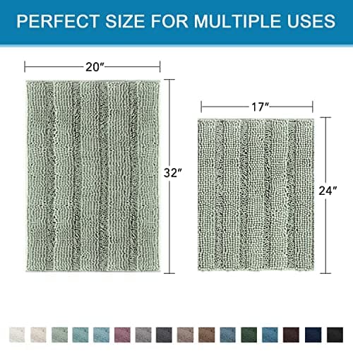 H.VERSAILTEX Sage Bathroom Rugs, Bath Mat Set of 2 Extra Thick Chenille Striped Pattern Shaggy Bath Rugs for Bath Room, Non Skid Bath Mats for Bathroom Floor (32 x 20 Plus 24 x 17 - Inches)